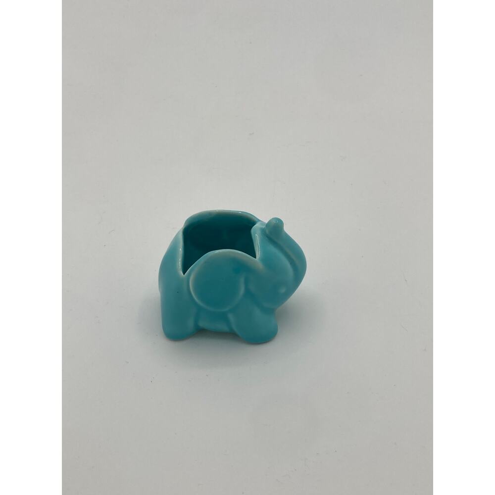 Vintage Aqua Elephant Planter Mini Ceramic Trunk Up Lucky Charm